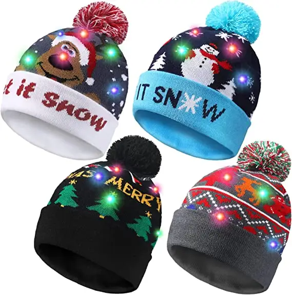 Hot Sale Women and Men Custom Christmas Knitted Hat Jacquard Hat Processing Custom LED Winter Cap Christmas Cap