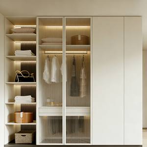 Modern Modular White <b>Wardrobe</b> Ribbed Glass Door Design With Integrated Lighting & Open Side <b>Storage</b> for Bedroom - Product Image 1