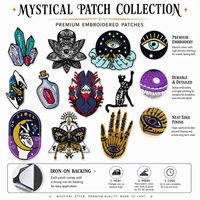 Patchs brodés thermocollants et à coudre, motifs mystiques et célestes : Hamsa, Œil, Lune, Chat, Palmistry, Papillon, Tarot, Main de sorcière, avec cristaux