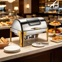 Matériel hôtelier : Ensemble de réchauds de buffet en acier inoxydable à couvercle roulant, demi-rouleau doré, chauffe-plats pour buffet, équipement de restauration pour la restauration collective