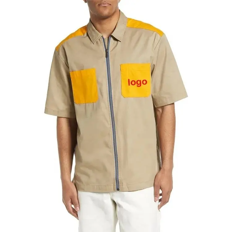 Custom Mens Woven Spread Collar Short Sleeve Short Sleeved Pocket Casual Men's Zip Up Work Shirts