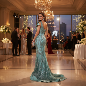 Crystal Luxury Floor-Length Mermaid Silhouette Evening Dress Women Short Sleeve Built-in Bra Handmade Embroidery Strapless - Product Image 3
