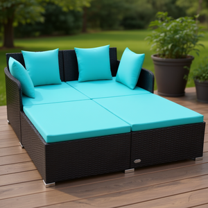 Lit de repos d'extérieur en rotin turquoise avec coussins rembourrés pour mobilier de patio - Product Image 2