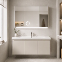 WJL Meuble de salle de bain moderne de qualité hôtelière, vasque intégrée en céramique rectangulaire murale de 110 cm avec miroir, facile à nettoyer