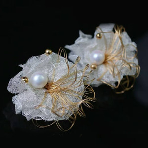 wholesale custom Handmade Italian Mesh Lace Floral <b>Stud</b> Earrings, Imported 14K Gold Filled, High Luster Natural Edison Pearl - Product Image 2