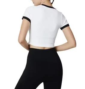 Custom logo Black and White Contrasting Crop Top Cotton <strong>Basic</strong> Tshirt Casual Round Neck <strong>Tee</strong> for Women - Product Image 4