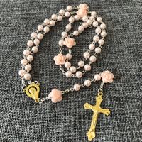 6mm rose Verre Perle Chapelet Perle Rose Fleur Connecteurs Avec Vierge Dorée Marie Centre et Jésus Croix