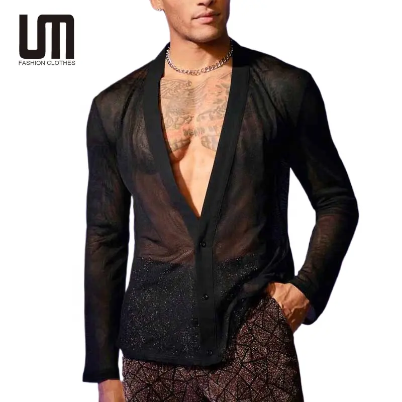 Liu Ming Roupas de homem sexy para festas, blusa transparente de manga comprida com decote em V profundo, novidade de 2024, blusa preta transparente para boate