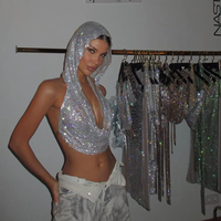 Mode sexy camisole strass diamants brillants, gilet à capuche à paillettes métalliques, débardeurs pour femmes