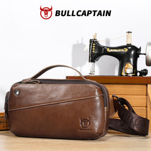 BULLCAPTAIN Bolso de Cintura y Bandolera de Cuero Genuino para Hombre, 7 Pulgadas, Vintage, Impermeable, con Cierre de Cremallera, Bolsillo para Teléfono en Forma de Barril, a la Moda - Product Image 1