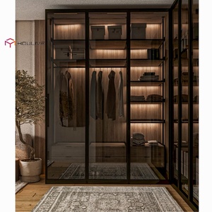 Armario con Puertas <span class=keywords><strong>de</strong></span> Vidrio Color Nogal Oscuro, Abatibles, para Dormitorio, con Accesorios Completos, LED Integrado, Zapatero y Cajones Ensamblables - Product Image 3