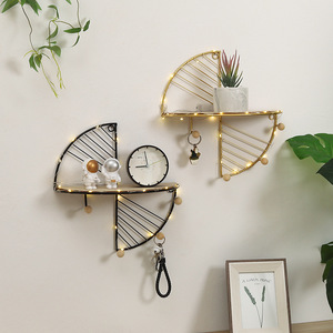 Living Room Wall Shelves Home Decor Iron+Wood Wall Shelf with Hooks Hanging Key Rack Display Storage Shelf