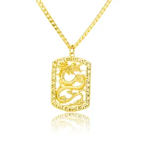 Women Men Chinese Drago Dragon Vintage Blessed Necklace Brass Iced Out Crystal Square Chinese Draak Dragon Pendant Necklace