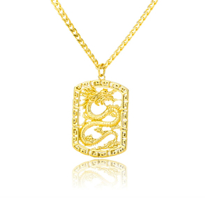 Collana Vintage con Drago Cinese per Uomo e Donna, Pendente Quadrato in Ottone con Cristalli, Collana con Drago Cinese Benedetto - Product Image 1