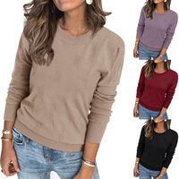 Pull en tricot à rayures verticales gaufrées kaki uni pour femme, col rond, manches longues, coupe ajustée, décontracté, broderie personnalisée
