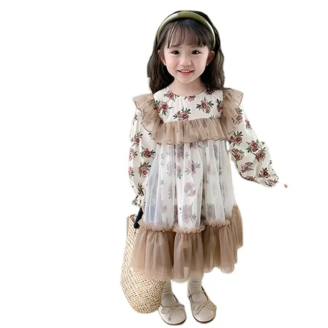 Gaun anak perempuan lengan panjang, rok peri katun motif bunga musim gugur