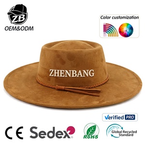 Wholesale Custom 3D Embroidery Suede Wide Brim Fedora <b>Hat</b> Unisex Vintage Boho Style Panama <b>Hat</b> with Braided Tassel <b>Band</b> - Product Image 1