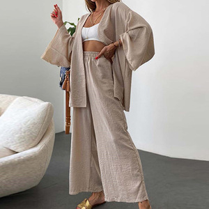 Ensemble Décontracté Femme 2025 en Coton et Lin: Haut Ouvert et Pantalon Large, Idéal Automne-Hiver pour la Maison - Product Image 2