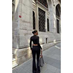 Costume pantalon en satin noir formel et décontracté avec décoration boutonnée pour femmes de bureau - Product Image 3