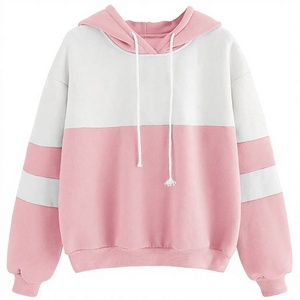 Sudadera con Capucha para Mujer, Color Rosa y Blanco, Bloques de Color, Manga Larga, Informal, Tejida, de Algodón, para Otoño - Product Image 1