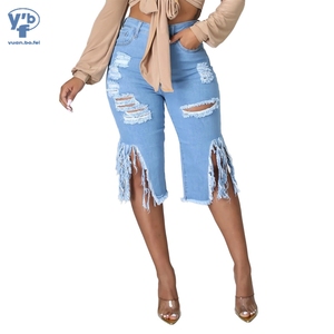 Pantalones Vaqueros YUANBOFEI para <span class=keywords><strong>Mujer</strong></span>, Cintura Alta, Lavados, Elásticos, Rotos, con Borlas, <span class=keywords><strong>de</strong></span> Cinco Puntos, para Uso Diario - Product Image 1