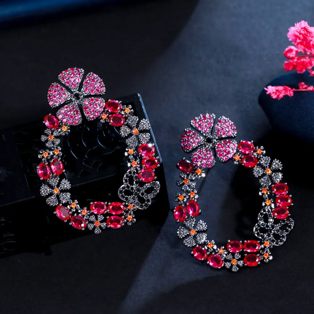 Beautiful Hot Pink Red Cubic Zircon Crystal Long Drop Flower Party Earrings for Women Elegant Wedding Bridal Jewelry