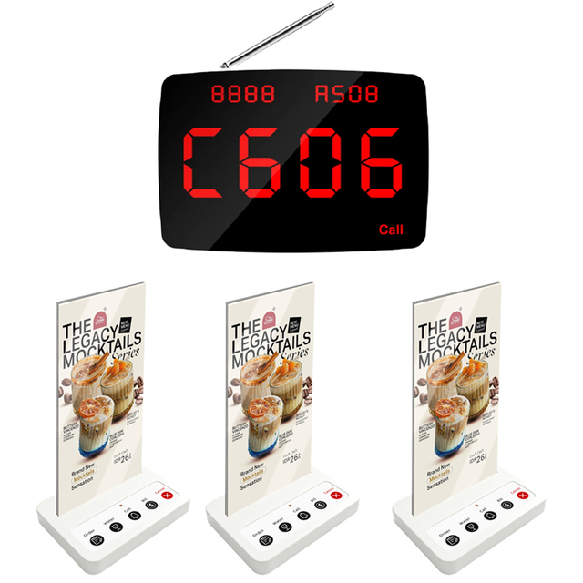 Stock Wireless Waiter Calling System Wide Range 5 Keys Table Card Call Button with Host Display Receiver for Cafe Hotel Catering