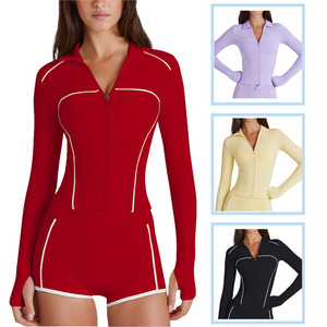 Damen Lauf-Sportbekleidung Set Reißverschluss-Jacke mit Langen Ärmeln Hochgeschnittene Shorts Aktivwear Trainingsanzug mit Daumenloch - Product Image 1