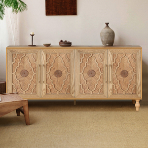 Carved Flower Door Large Storage Cabinet Natural <b>Wood</b> Metal Handle Living Room Kitchen Entryway - Product Image 2