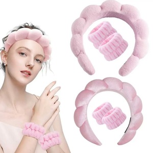 Puffy mũ nón Terry vải bong bóng mềm xốp trang điểm spa chăm sóc da <span class=keywords><strong>Headband</strong></span> và dây đeo cổ tay hairband cho phụ nữ cô gái rửa mặt - Product Image 3