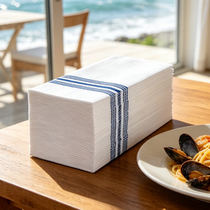 Serviettes de table jetables en pâte de bois vierge 2 plis, rayures bleues personnalisées et citation imprimée, avec sac OPP pour restaurants et cafés - Product Image 3
