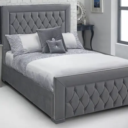 Tissu velours luxueux de couleur gris foncé, descente-lit matelassé, style italien, avec couvre-tête et pied de lit queen size