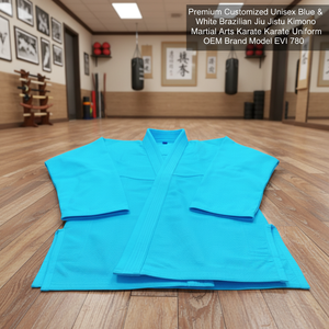 Kimono de Jiu Jitsu Brasileño Azul y Blanco Unisex Personalizado Premium, Uniforme de Artes Marciales y Karate, Marca OEM Modelo EVI 780 - Product Image 3
