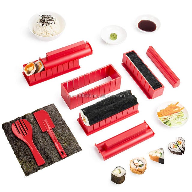2024 Red Color Sushi Maker Kit 5 Unique Mold Shapes 10PCS Plastic Kit DIY Home Sushi Making Kit Sushi Tool Set Rice Roll Mold