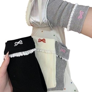 Women Ankle Socks Gray With Pink Bow <b>Lace</b> Trim Breathable Cotton Sweat Absorbing For Youth - Product Image 4