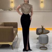 Robe longue élégante à taille haute pour femme, nouvelle année 2025, mode féminine, sans manches, drapée, fendue, décontractée, col rond, sequins, robe de soirée