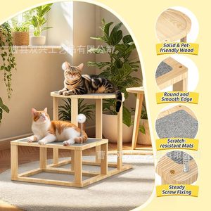 Wooden Cat Tree Tower 2 Levels Solid Wood <b>Scratching</b> <b>Post</b> With Bell Teaser For Small Cats Indoor Use - Product Image 2