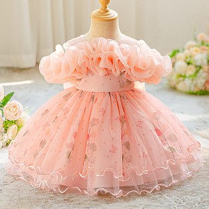 Abito da fata fiore rosa <span class=keywords><strong>per</strong></span> bambine neonato principessa abito da sposa con quadrato o colletto a collo alto festa di compleanno - Product Image 2