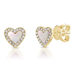 Gemnel high quality mother of pearl stud 925 silver 14k gold diamond heart earrings for women
