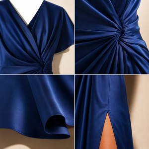 Elegante Vestido Maxi Azul Satinado con Cuello en V, Manga Corta, Diseño Drapeado, Color Sólido, para Todas las Temporadas, Ropa de Noche - Product Image 3