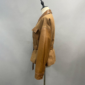 Custom <strong>Women</strong> Sleek Mixed Media Utility <strong>Jacket</strong> Autumn Winter Cozy Leather Linen Blend Coat with Daily Wear - Product Image 2