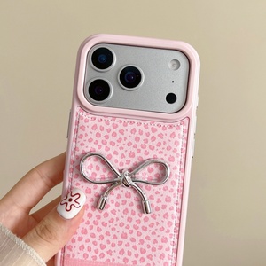Fashion girls leopard print bowknot PU leather phone case for iPhone 13 14 15 16 17 pro max shockproof <b>back</b> cover wholesale - Product Image 3