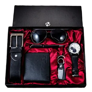 6 adet/kutu Dv-js-4 lüks erkek saatleri hediye seti erkekler moda güneş gözlükleri cüzdan kemer kuvars saatler Set