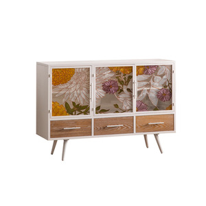 Chuqi Living Room <b>Cabinet</b> 3-Door <b>White</b> Floral Glass Door <b>Storage</b> Furniture - Product Image 3