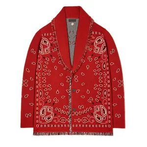 2024 Oem Paisley Cardigan Design Lange Mouwen Kwast Kraag Vintage Trui Sjaal Kraag Jacquard Wollen Vest Voor Mannen