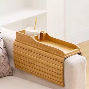 Portable luxe bambou <span class=keywords><strong>canapé</strong></span> bras <span class=keywords><strong>plateau</strong></span> à un niveau bois téléphone portable télécommande support d'organisation pour chambre tasse à café - Product Image 5