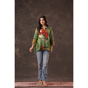 Blusa de Diseño con Estampado de Aves Inspirada en la Naturaleza, Cierre de Botones, Corte Holgado, Manga Larga, Venta al Por Mayor - Product Image 1