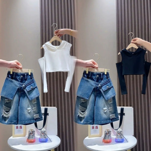 Completo Estivo per <span class=keywords><strong>Ragazze</strong></span> in Stile Coreano, Set Due Pezzi con Top a Maniche Corte e Pantaloncini in Cotone Imbottito per Bambine Più Grandi - Product Image 3