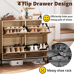 AJUNION Freestanding <strong>Shoe</strong> <strong>Storage</strong> Organizer Cabinet <strong>Rattan</strong> Wood <strong>Shoe</strong> Rack Cabinet <strong>Storage</strong> with 4 Flip Drawers - Product Image 3