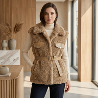 Gilet sans manches en laine pour femme, ceinturé, col à revers, en vraie fourrure de laine, vêtement d'extérieur décontracté pour l'hiver